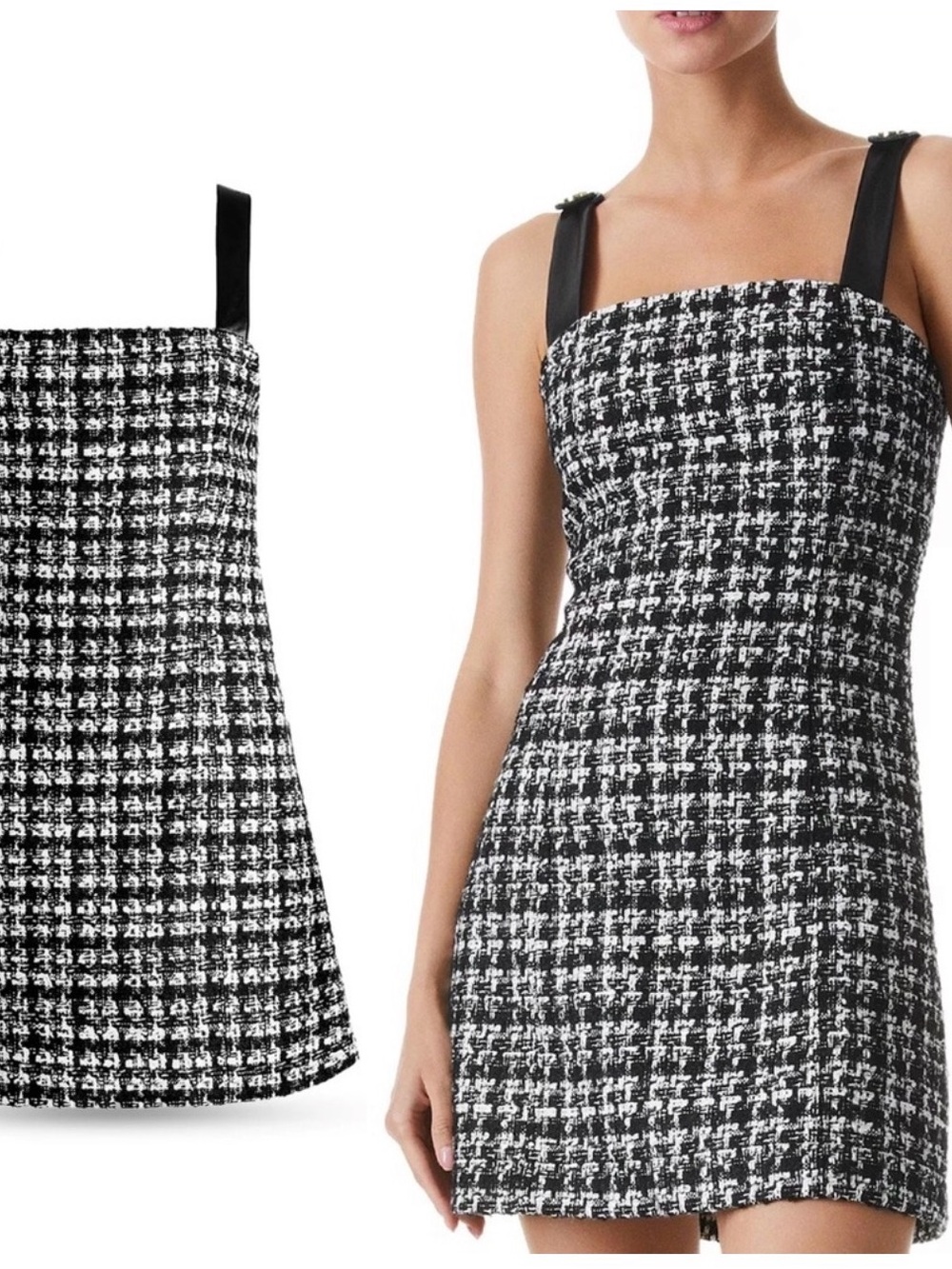 Alice + Olivia Black and White Houndstooth Square-Neck Mini Dress